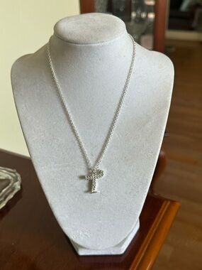 Initial “T” Pendant Necklace Crystal AccentsAdjustable 16”+2” Extender